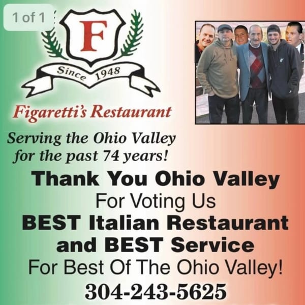 Figaretti's Restaurant logo and text thanking the Ohio Valley for voting them Best Italian Restaurant.