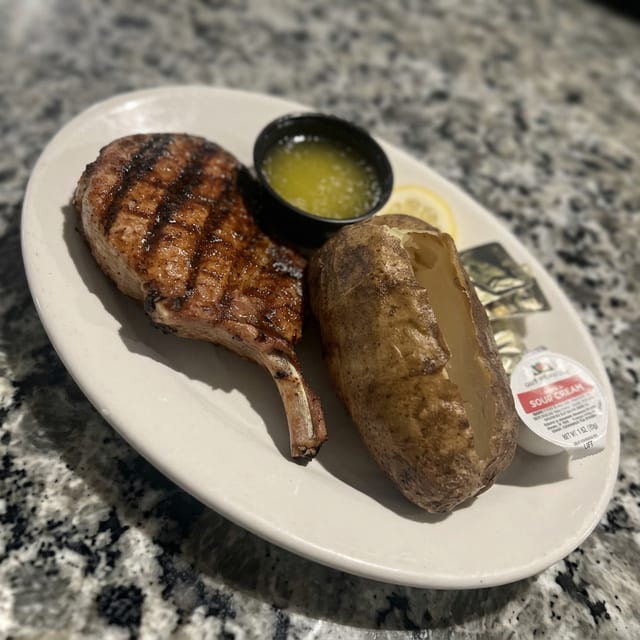 Fig's Famous Chargrilled Center-Cut Pork Chops.
